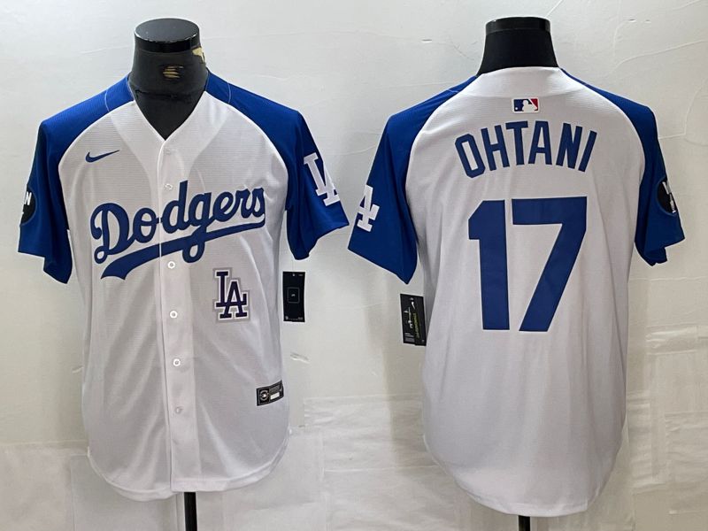 Men Los Angeles Dodgers 17 Ohtani White blue Fashion Nike Game MLB Jersey style 1